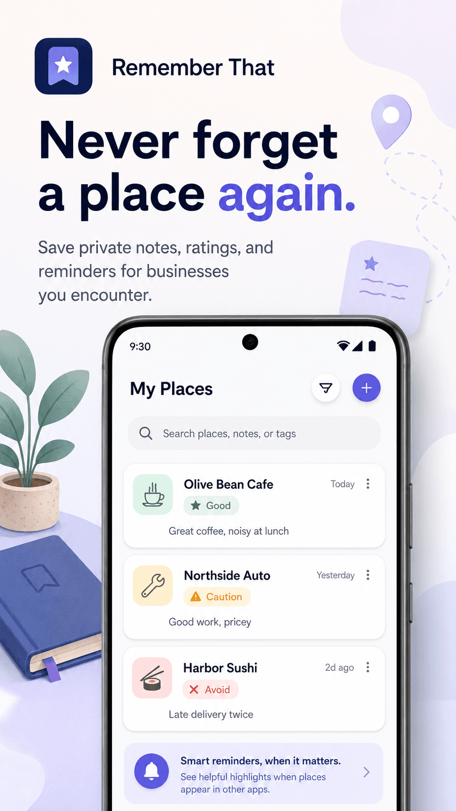 Remember That app showing saved places and private notes